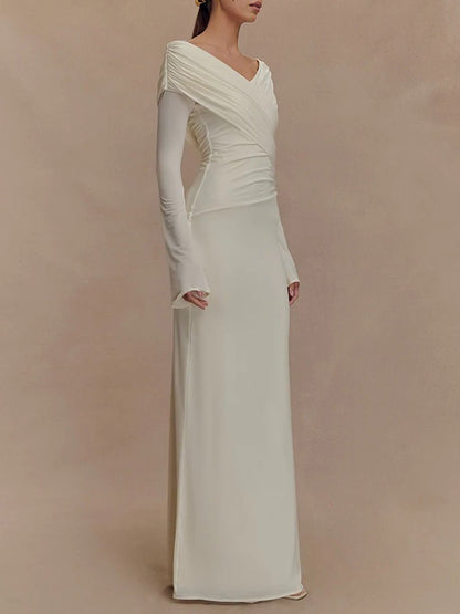 Off Shoulder Long Sleeve Ruched Wrap Panel Bodycon Maxi Gown