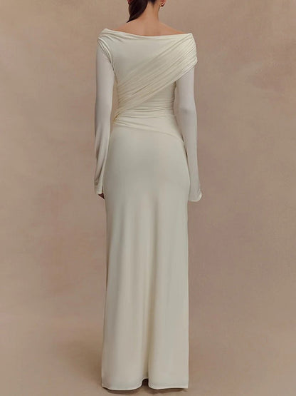 Off Shoulder Long Sleeve Ruched Wrap Panel Bodycon Maxi Gown