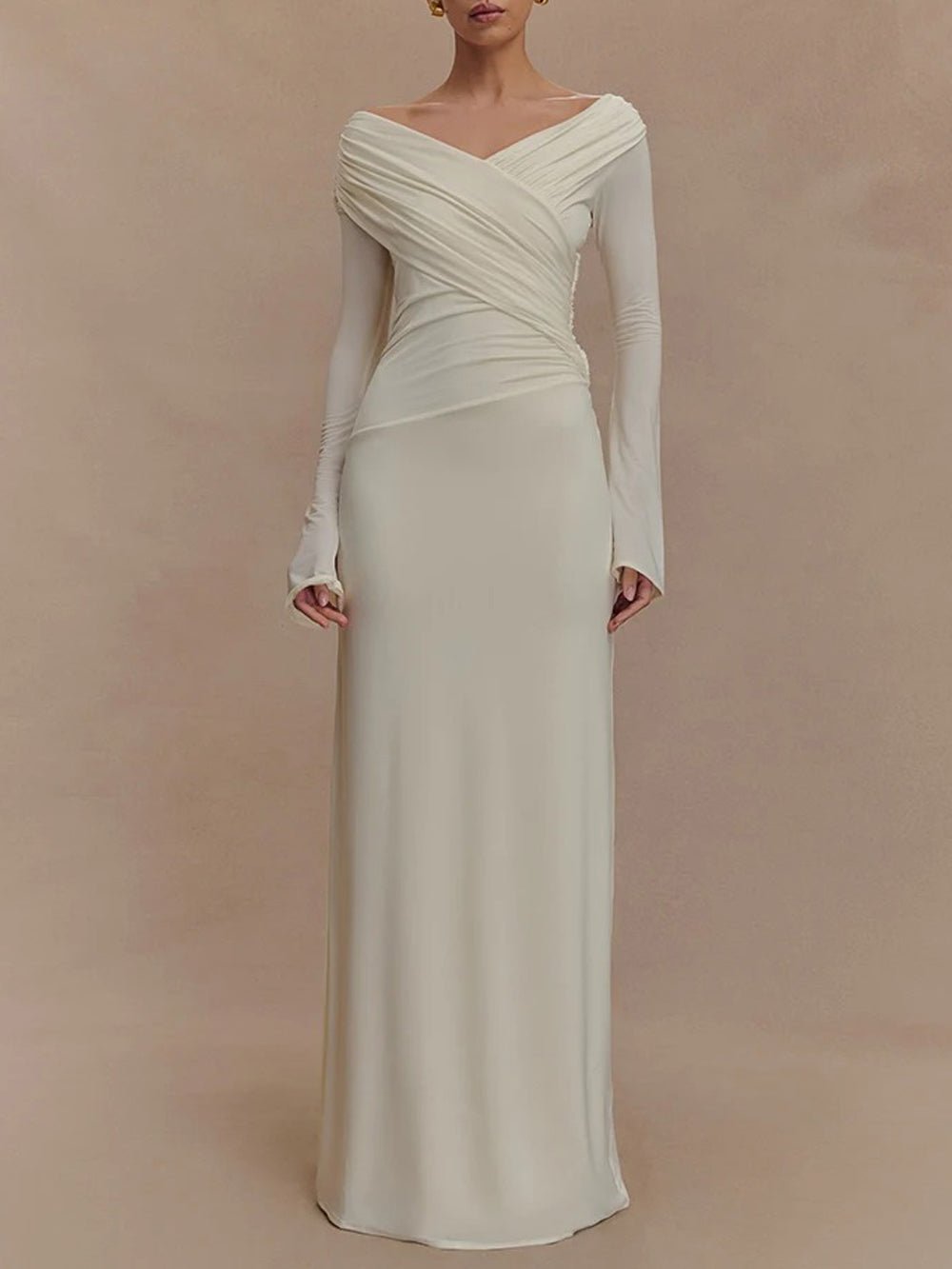 Off Shoulder Long Sleeve Ruched Wrap Panel Bodycon Maxi Gown