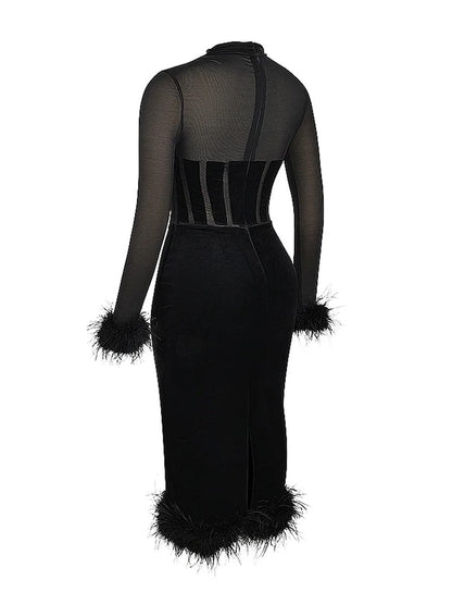 Black Mesh High Neck Corset Sweetheart Feather Trim Velvet Midi Dress