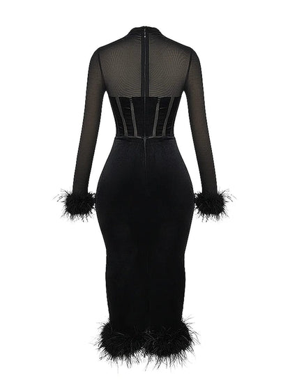 Black Mesh High Neck Corset Sweetheart Feather Trim Velvet Midi Dress