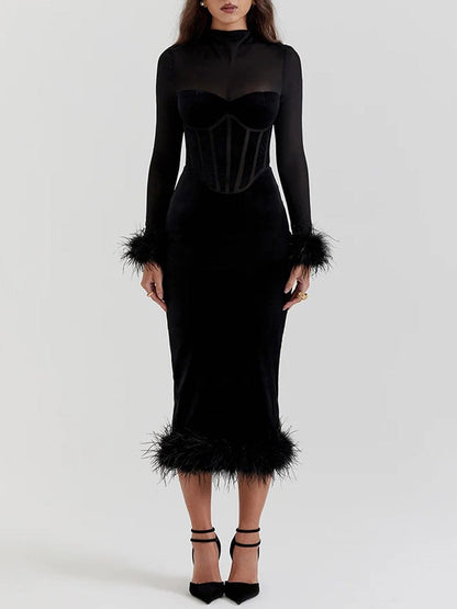 Black Mesh High Neck Corset Sweetheart Feather Trim Velvet Midi Dress