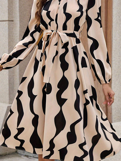 Multi Abstract Wave Print Crew Neck Tie Waist A-Line Midi Dress