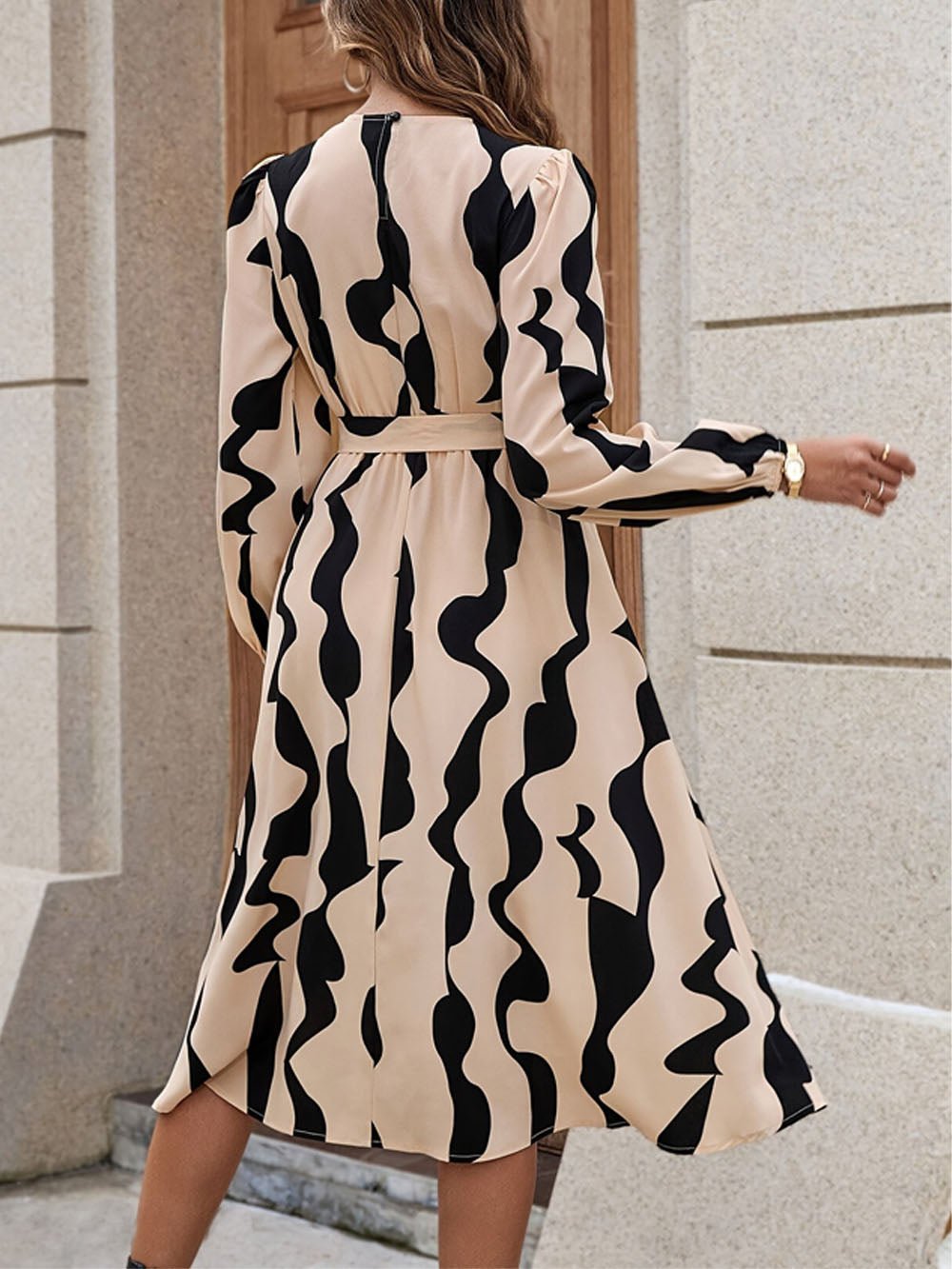 Multi Abstract Wave Print Crew Neck Tie Waist A-Line Midi Dress