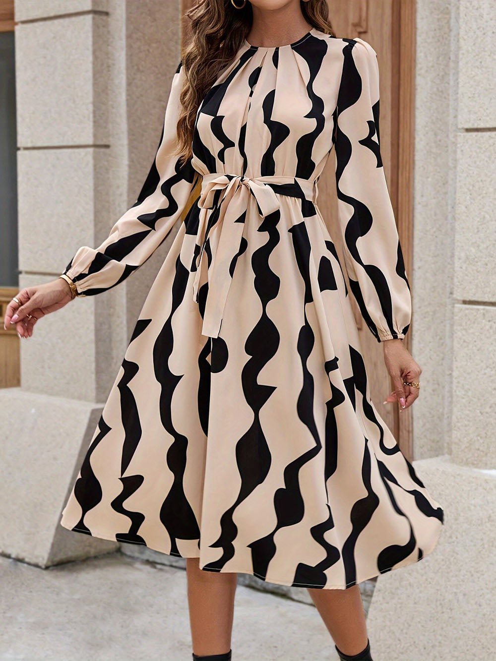 Multi Abstract Wave Print Crew Neck Tie Waist A-Line Midi Dress