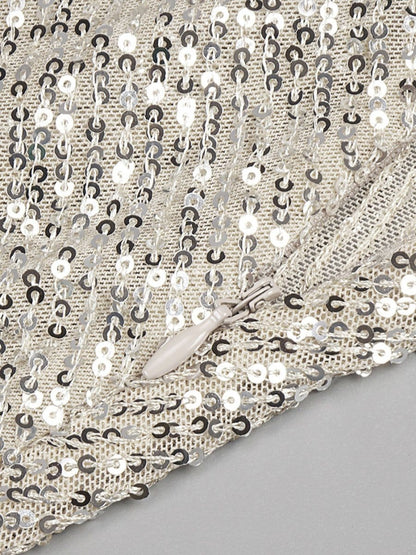 Silver Sequin One Shoulder Cut Out High Split Bodycon Maxi Gown
