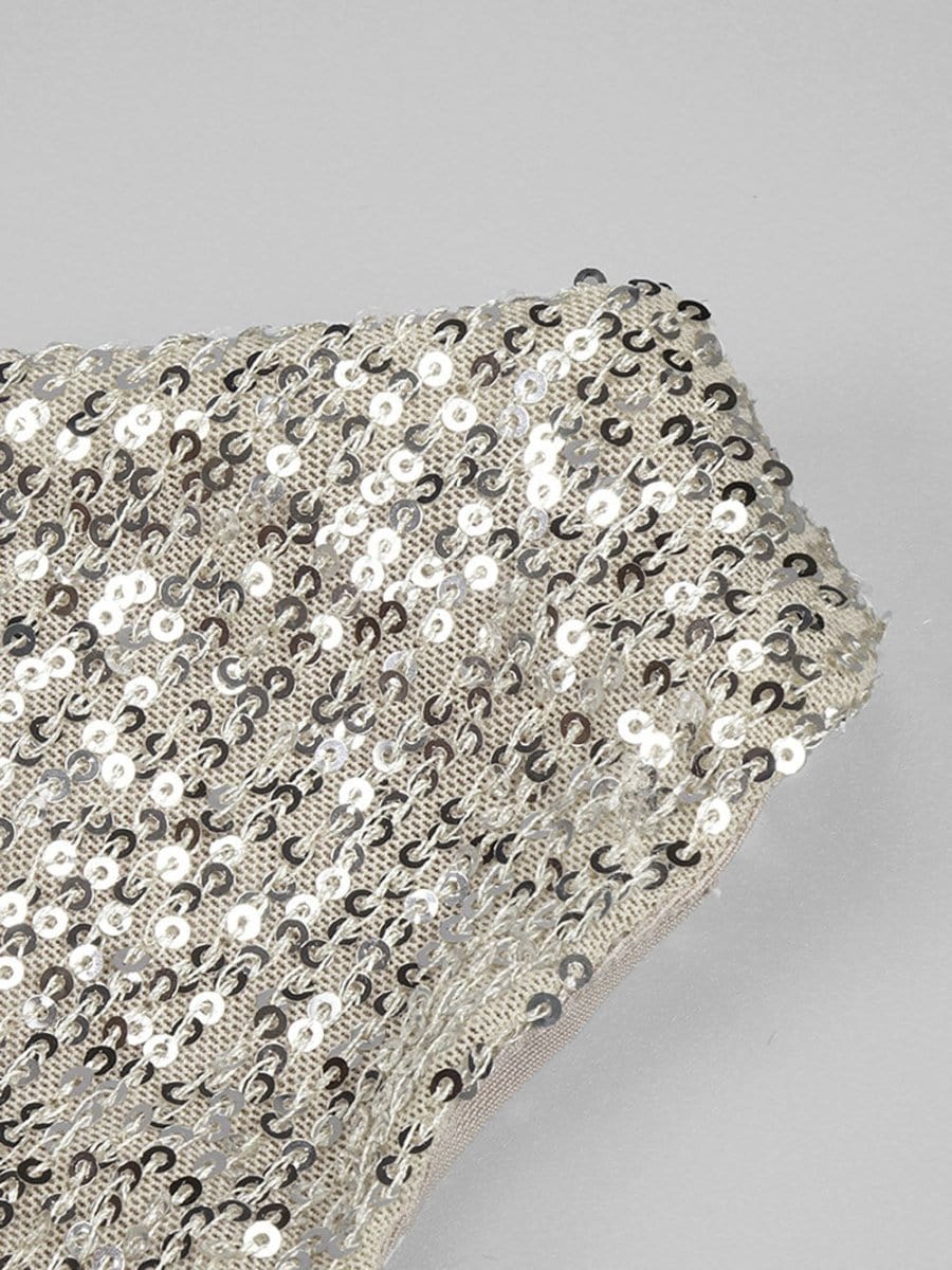 Silver Sequin One Shoulder Cut Out High Split Bodycon Maxi Gown