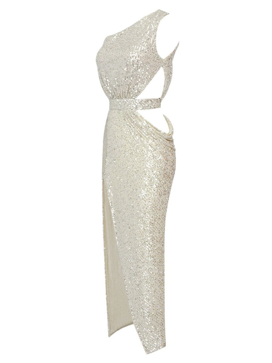 Silver Sequin One Shoulder Cut Out High Split Bodycon Maxi Gown