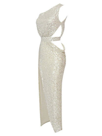 Silver Sequin One Shoulder Cut Out High Split Bodycon Maxi Gown