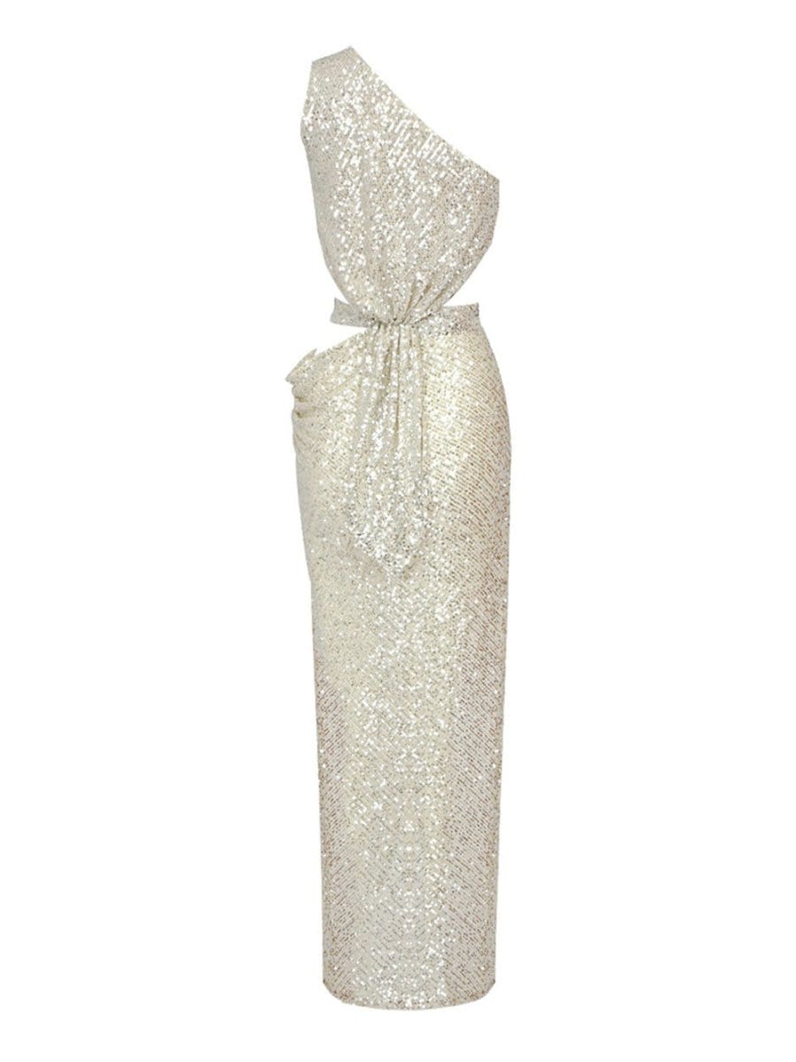 Silver Sequin One Shoulder Cut Out High Split Bodycon Maxi Gown