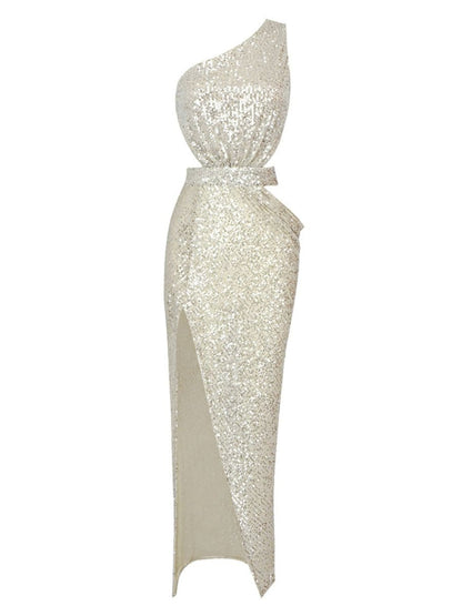 Silver Sequin One Shoulder Cut Out High Split Bodycon Maxi Gown