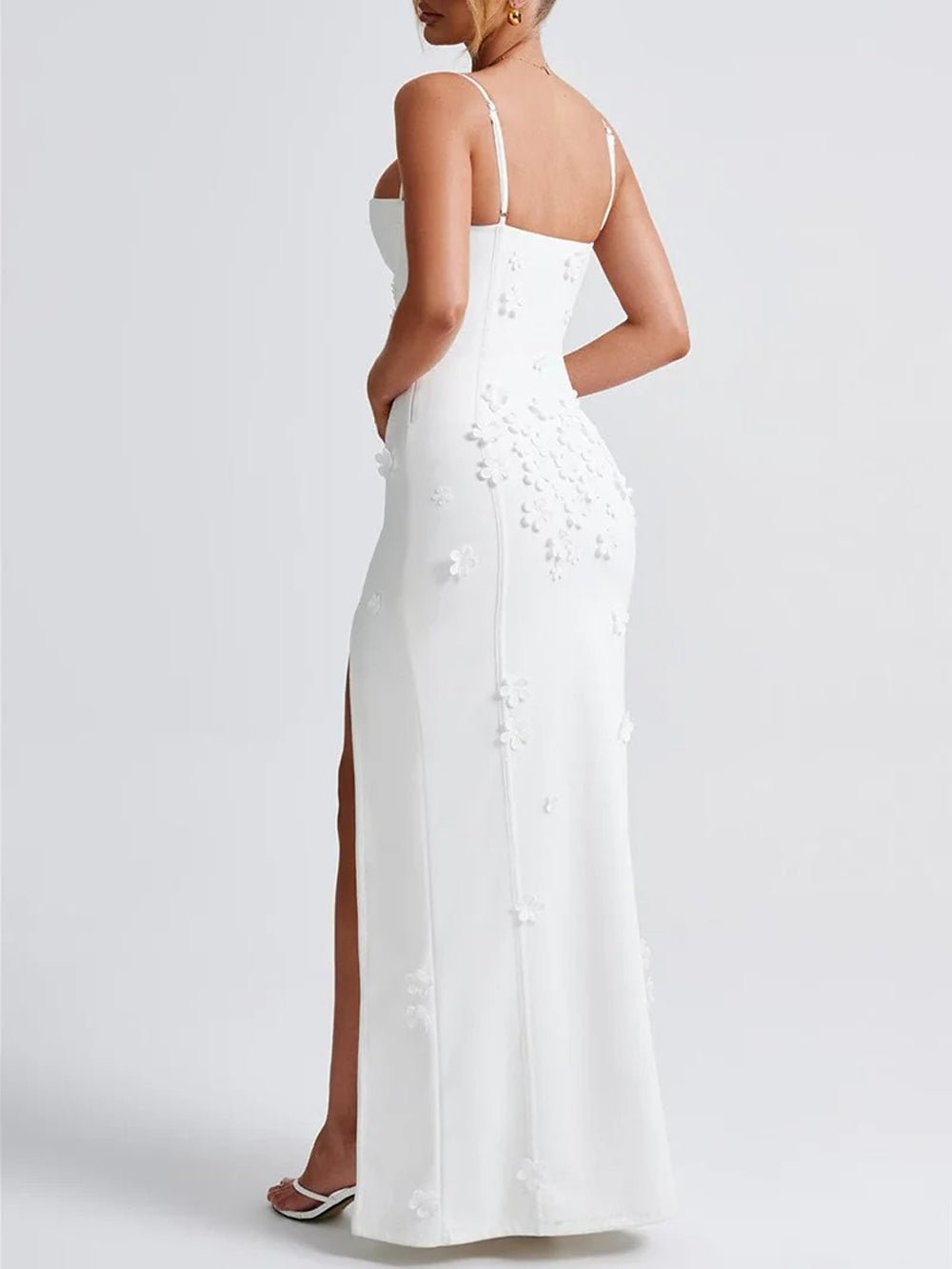 Floral Applique Bustier Sweetheart Spaghetti Strap High Split Column Maxi Gown
