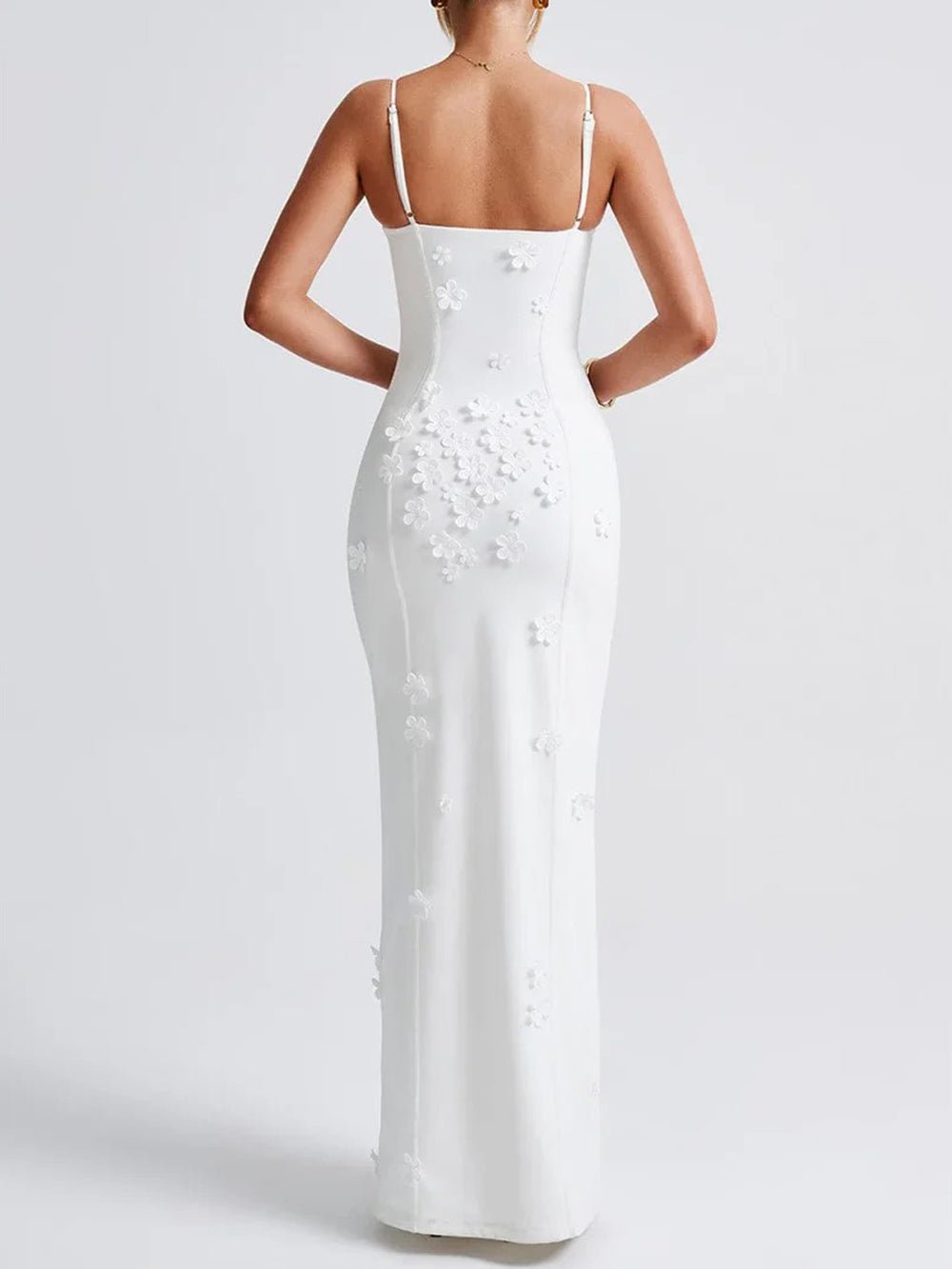 Floral Applique Bustier Sweetheart Spaghetti Strap High Split Column Maxi Gown
