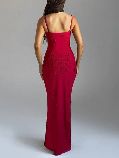 Floral Applique Bustier Sweetheart Spaghetti Strap High Split Column Maxi Gown