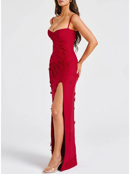 Floral Applique Bustier Sweetheart Spaghetti Strap High Split Column Maxi Gown