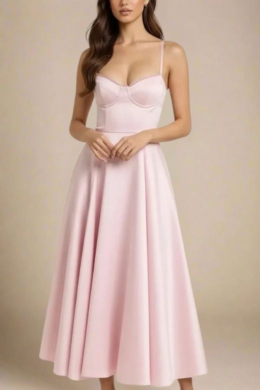 Dusty Pink Spaghetti Strap Lace Trim Sweetheart Bustier Pleated A-Line Maxi Dress