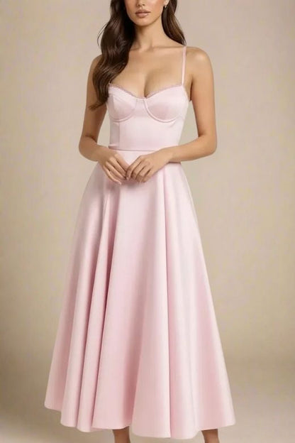Dusty Pink Spaghetti Strap Lace Trim Sweetheart Bustier Pleated A-Line Maxi Dress
