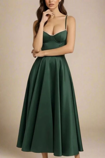 Emerald Green Spaghetti Strap Lace Trim Sweetheart Bustier Pleated A-Line Maxi Dress