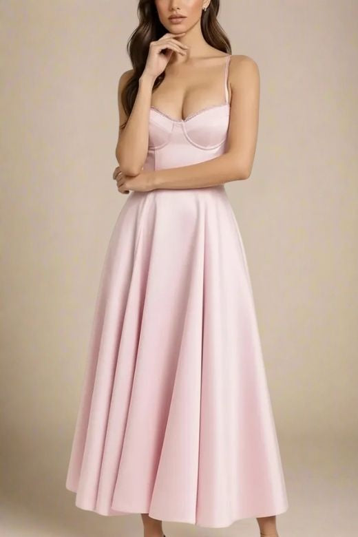 Dusty Pink Spaghetti Strap Lace Trim Sweetheart Bustier Pleated A-Line Maxi Dress