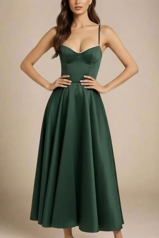 Emerald Green Spaghetti Strap Lace Trim Sweetheart Bustier Pleated A-Line Maxi Dress