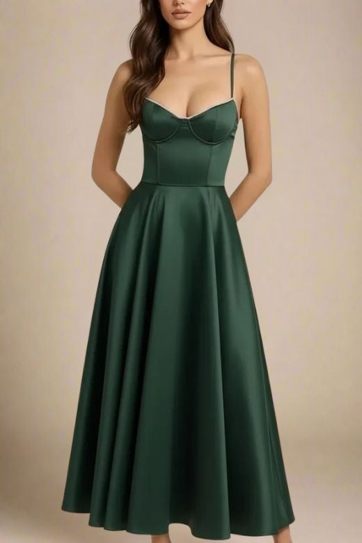 Emerald Green Spaghetti Strap Lace Trim Sweetheart Bustier Pleated A-Line Maxi Dress