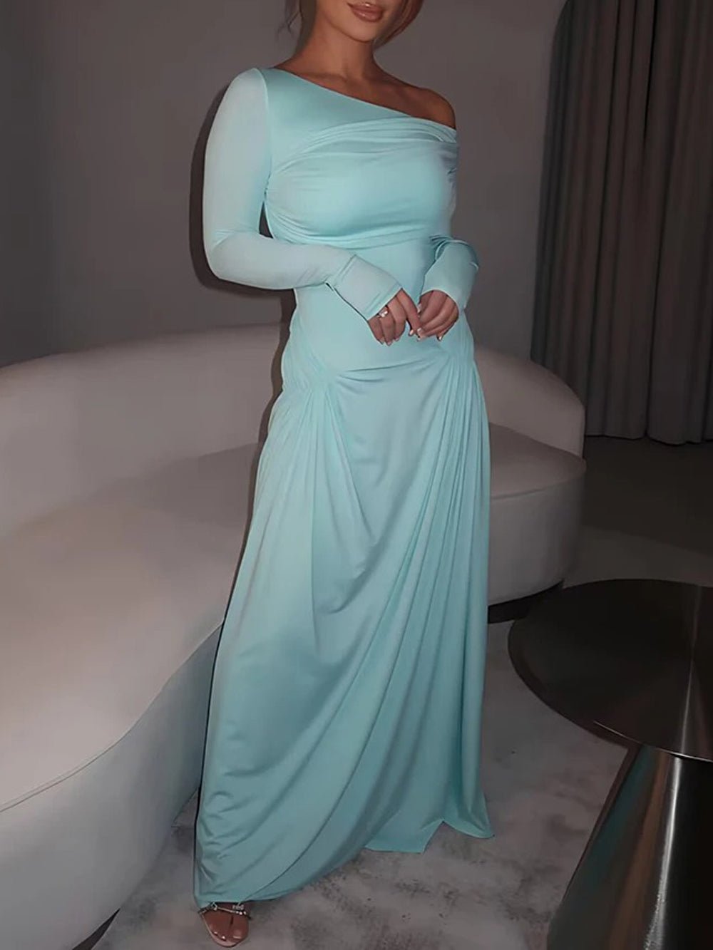 Off Shoulder Long Sleeve Ruched Hip Drape Gathered Maxi Dress