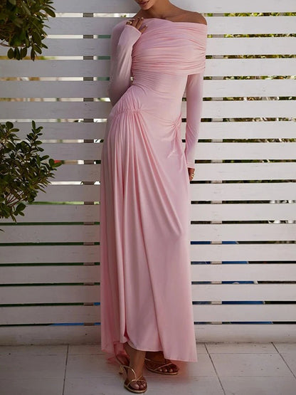 Off Shoulder Long Sleeve Ruched Hip Drape Gathered Maxi Dress