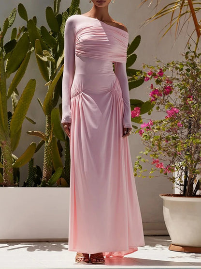 Off Shoulder Long Sleeve Ruched Hip Drape Gathered Maxi Dress