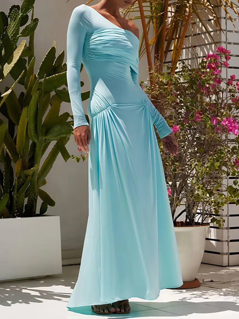 Off Shoulder Long Sleeve Ruched Hip Drape Gathered Maxi Dress