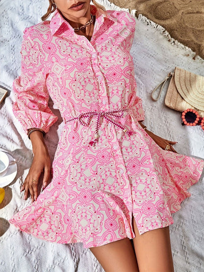 Pink Printed Button Front Bishop Sleeve Tie Waist Ruffle Hem Shirt Mini Dress