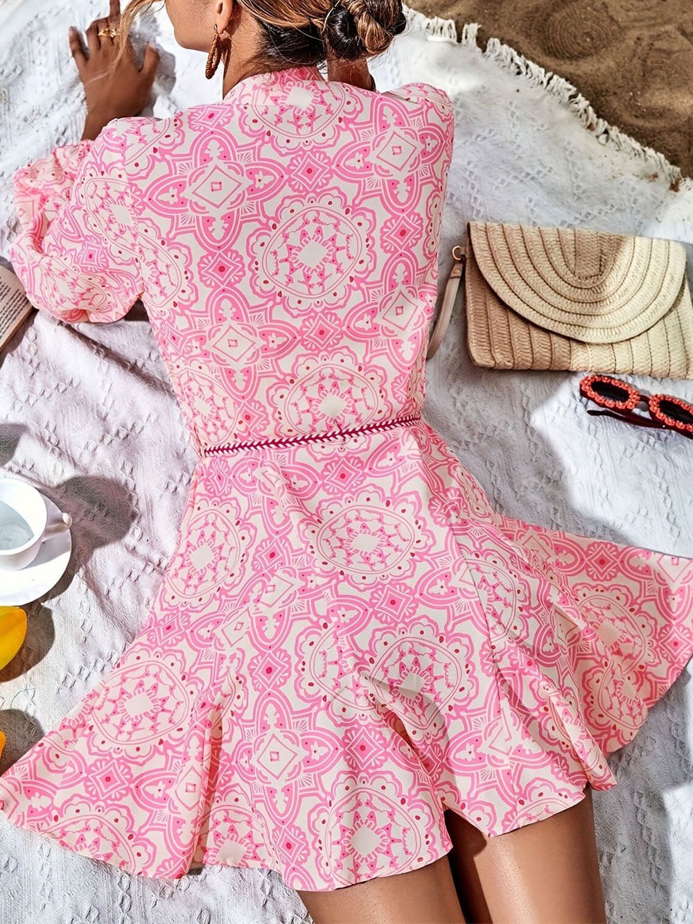 Pink Printed Button Front Bishop Sleeve Tie Waist Ruffle Hem Shirt Mini Dress