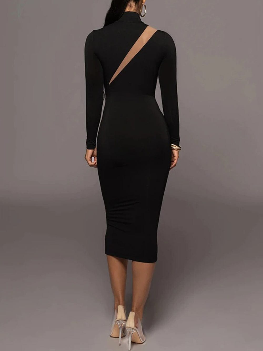 Black Mock Neck Long Sleeve Mesh Diagonal Panel Bodycon Midi Dress