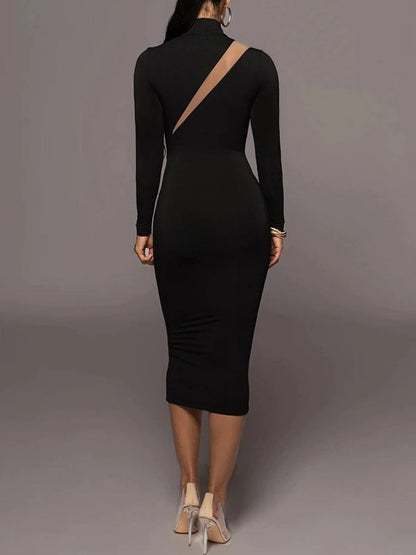 Black Mock Neck Long Sleeve Mesh Diagonal Panel Bodycon Midi Dress