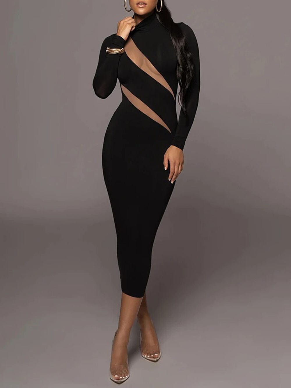 Black Mock Neck Long Sleeve Mesh Diagonal Panel Bodycon Midi Dress