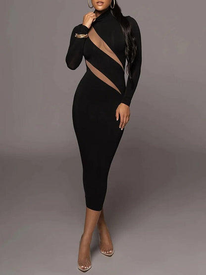 Black Mock Neck Long Sleeve Mesh Diagonal Panel Bodycon Midi Dress