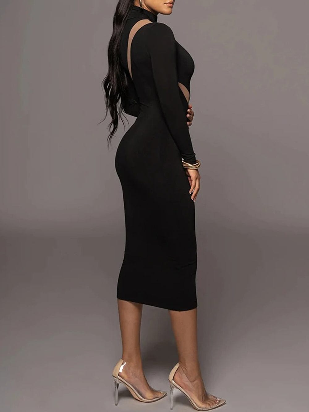 Black Mock Neck Long Sleeve Mesh Diagonal Panel Bodycon Midi Dress
