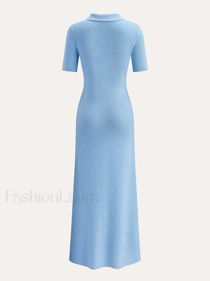 Metal Button Collar Midi Dress