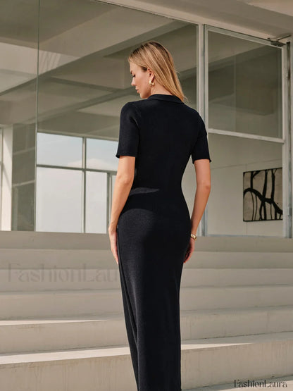 Metal Button Collar Midi Dress