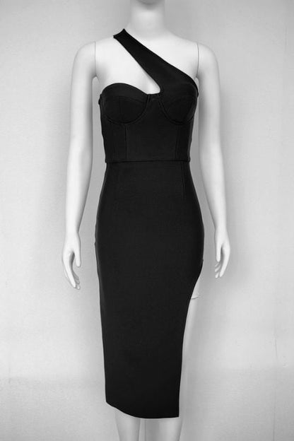 Classic Black One Shoulder Corset Bustier High Split Bodycon Maxi Dress