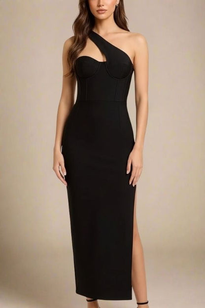 Classic Black One Shoulder Corset Bustier High Split Bodycon Maxi Dress