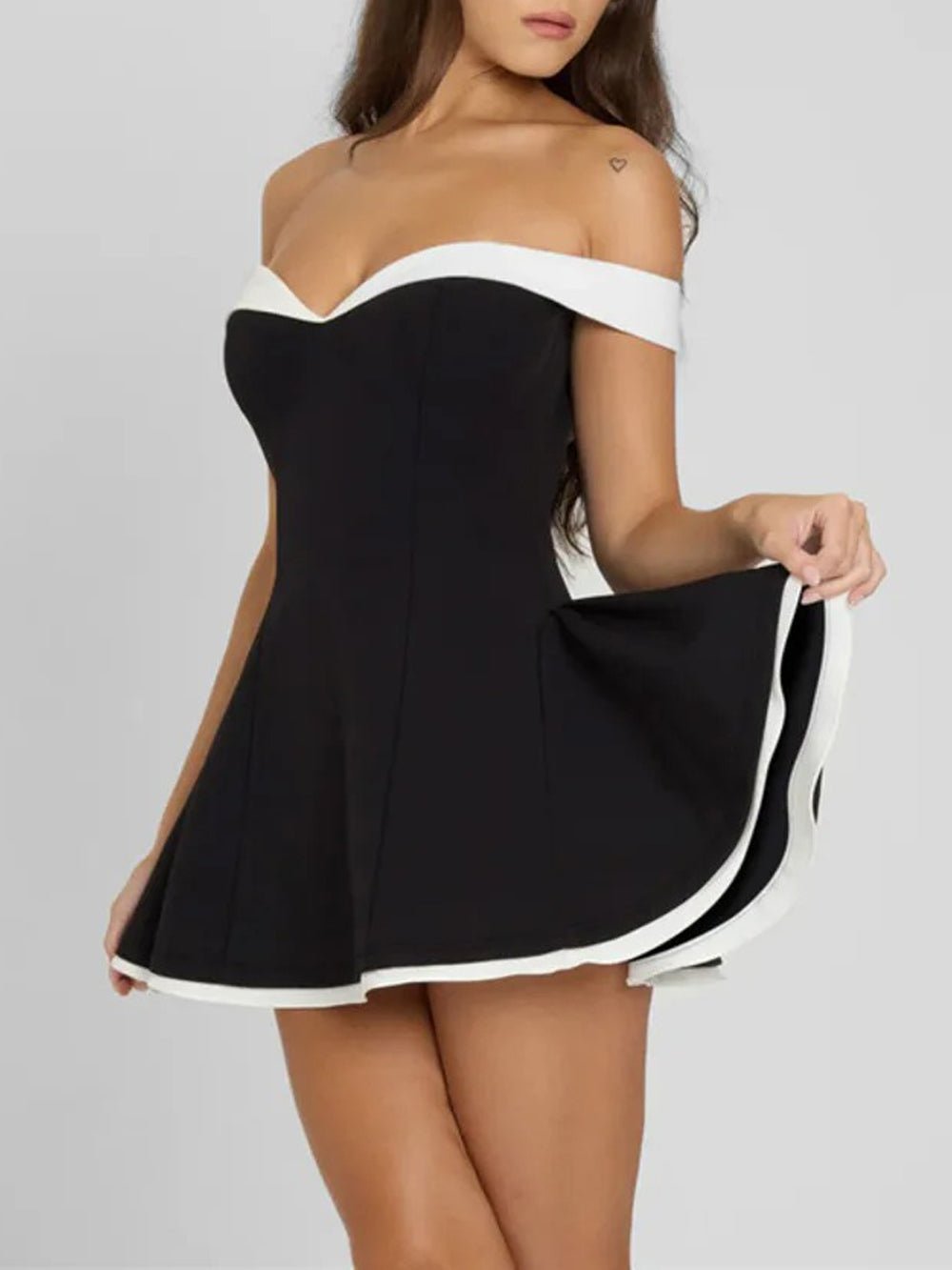 Black Off Shoulder Contrast Trim Structured Fit and Flare Mini Dress