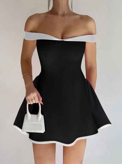 Black Off Shoulder Contrast Trim Structured Fit and Flare Mini Dress