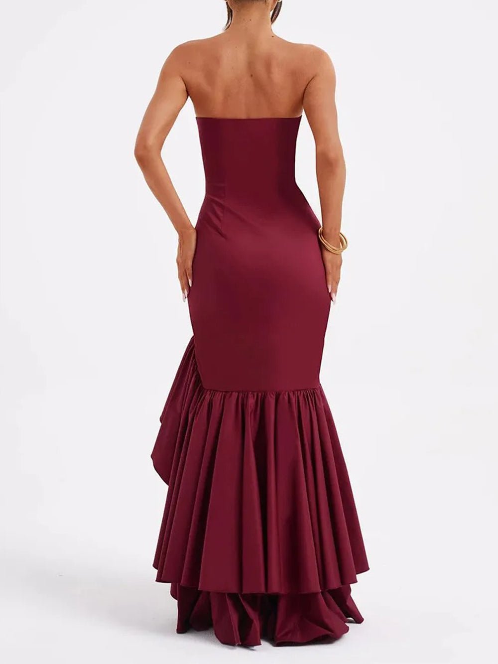 Strapless Princess Seam Ruched Mermaid Ruffle Hem High Split Maxi Gown