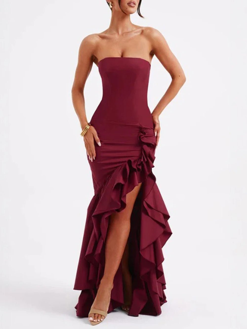 Strapless Princess Seam Ruched Mermaid Ruffle Hem High Split Maxi Gown