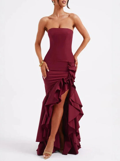 Strapless Princess Seam Ruched Mermaid Ruffle Hem High Split Maxi Gown