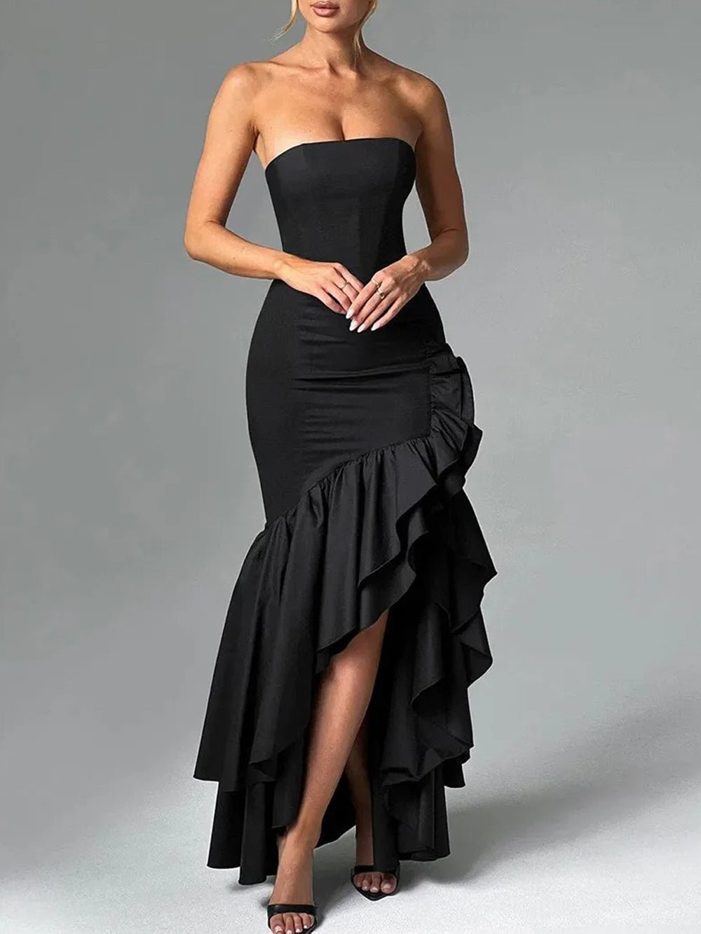 Strapless Princess Seam Ruched Mermaid Ruffle Hem High Split Maxi Gown
