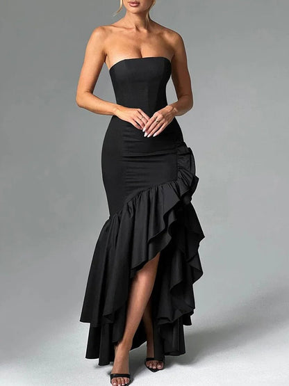 Strapless Princess Seam Ruched Mermaid Ruffle Hem High Split Maxi Gown
