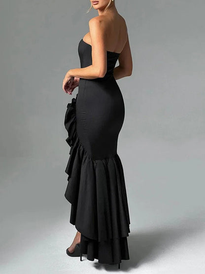 Strapless Princess Seam Ruched Mermaid Ruffle Hem High Split Maxi Gown