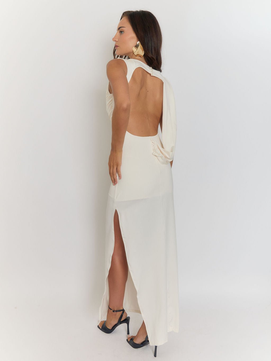 White Sleeveless Ruched Cowl Neck High Split Wrap Drape Bodycon Maxi Dress