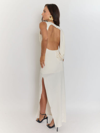 White Sleeveless Ruched Cowl Neck High Split Wrap Drape Bodycon Maxi Dress